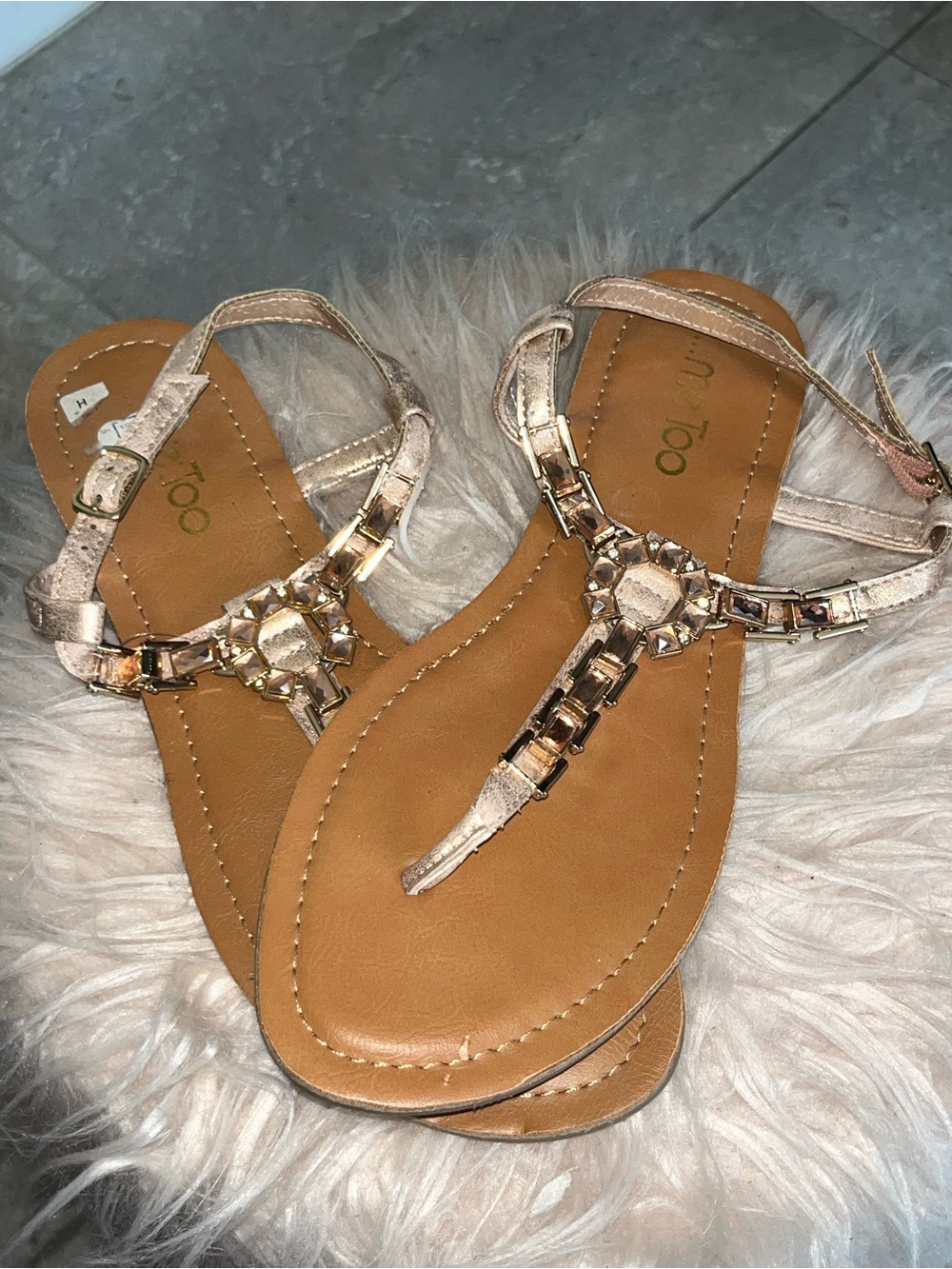 Qupid Rose Gold Jeweled T-Strap Sandals